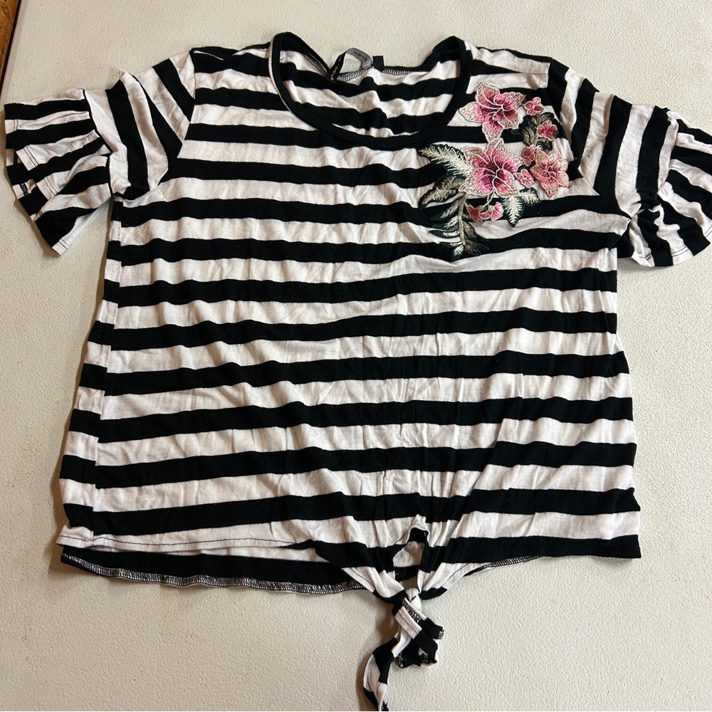 Nine Four One Striped Black and White Top with Floral Embroidery - Size L